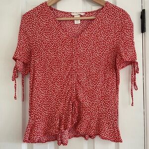 H&M Women’s Red Floral Pattern Short Sleeve Tie Sleeve Ruched Blouse US Size 6